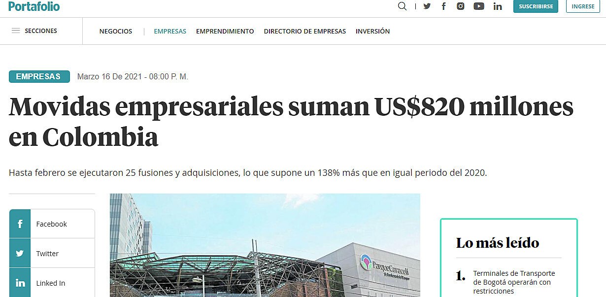 Movidas empresariales suman US$820 millones en Colombia